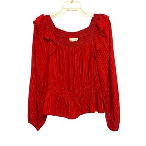 2/$30 Red with Gold Metallic Stripe Peplum Ruffle Blouse Size L
